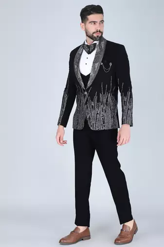 Black 5 pc embroidered designer tuxedo suit for men