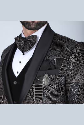 Black 5 pc thread and sequins embroidered designer tuxedo suit for men 5