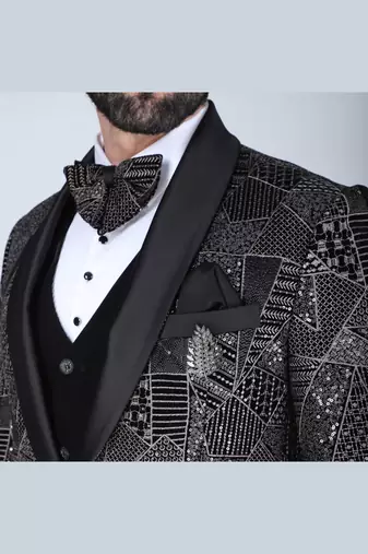 Black 5 pc thread and sequins embroidered designer tuxedo suit for men