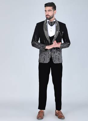 Black 5 pc embroidered designer tuxedo suit for men 3