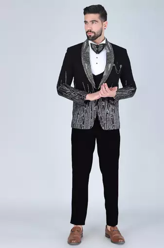 Black 5 pc embroidered designer tuxedo suit for men
