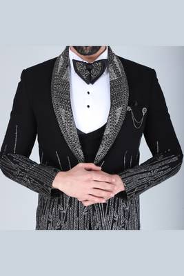 Black 5 pc embroidered designer tuxedo suit for men 5