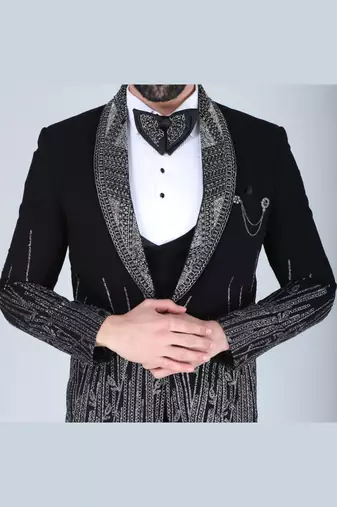 Black 5 pc embroidered designer tuxedo suit for men