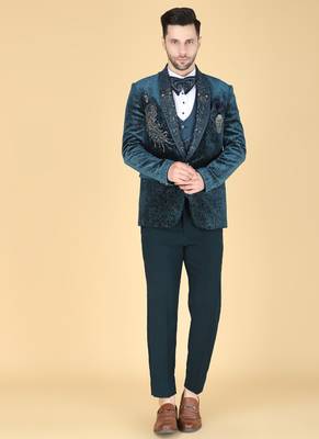 Teal 5 pc embroidered designer tuxedo suit for men 1