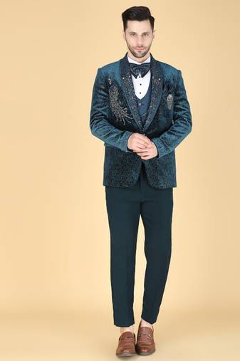 Teal 5 pc embroidered designer tuxedo suit for men
