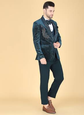 Teal 5 pc embroidered designer tuxedo suit for men 2