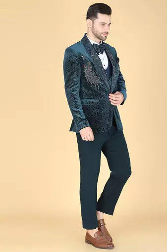Teal 5 pc embroidered designer tuxedo suit for men