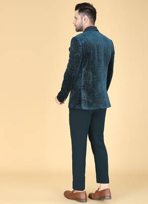 Teal 5 pc embroidered designer tuxedo suit for men 3