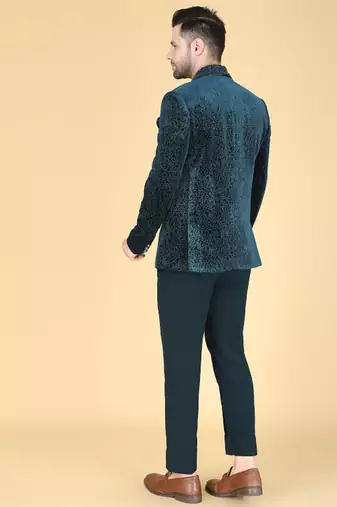Teal 5 pc embroidered designer tuxedo suit for men