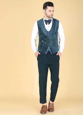 Teal 5 pc embroidered designer tuxedo suit for men 4