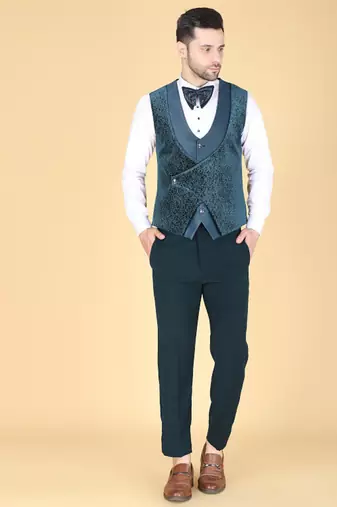 Teal 5 pc embroidered designer tuxedo suit for men