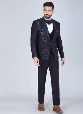 Navy 5 pc embroidered designer tuxedo suit for men 2