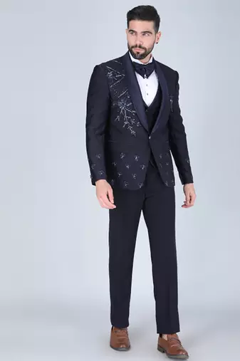Navy 5 pc embroidered designer tuxedo suit for men