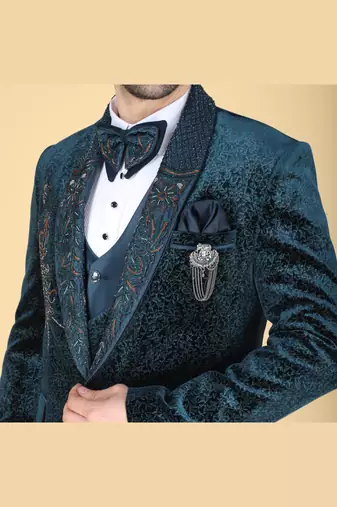 Teal 5 pc embroidered designer tuxedo suit for men