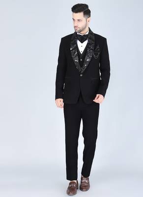 Black 5 pc embroidered designer tuxedo suit for men 1