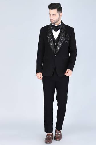 Black 5 pc embroidered designer tuxedo suit for men