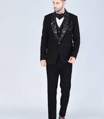 Black 5 pc embroidered designer tuxedo suit for men