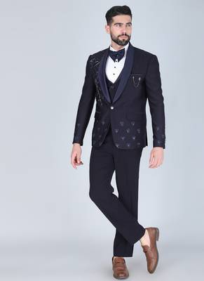 Navy 5 pc embroidered designer tuxedo suit for men 3