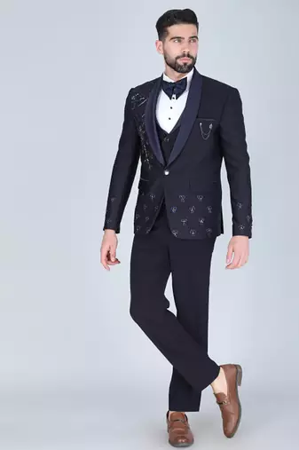 Navy 5 pc embroidered designer tuxedo suit for men
