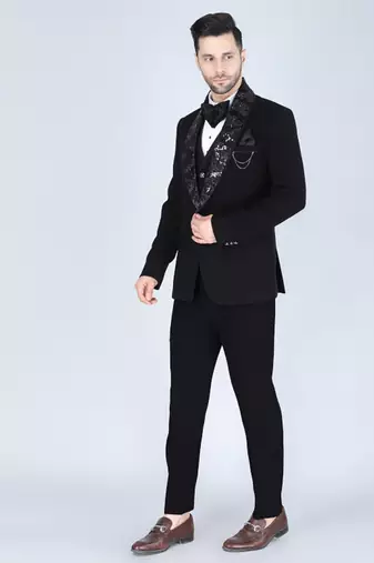 Black 5 pc embroidered designer tuxedo suit for men
