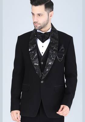 Black 5 pc embroidered designer tuxedo suit for men 3