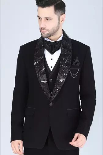 Black 5 pc embroidered designer tuxedo suit for men