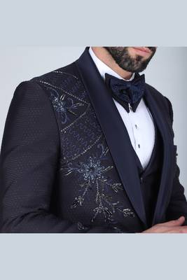 Navy 5 pc embroidered designer tuxedo suit for men 5