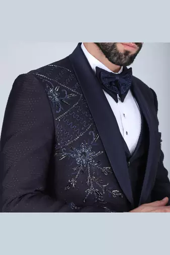 Navy 5 pc embroidered designer tuxedo suit for men