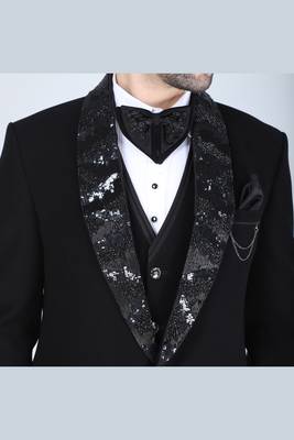Black 5 pc embroidered designer tuxedo suit for men 4