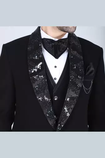 Black 5 pc embroidered designer tuxedo suit for men