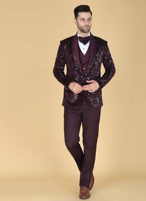 Purple 5 pc embroidered designer tuxedo suit for men 1