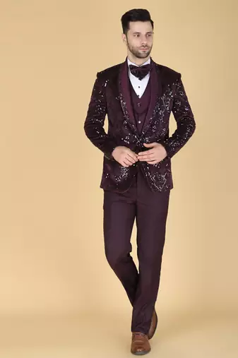 Purple 5 pc embroidered designer tuxedo suit for men