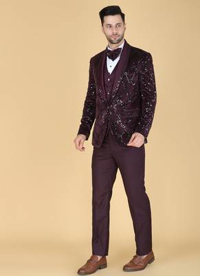 Purple 5 pc embroidered designer tuxedo suit for men 2