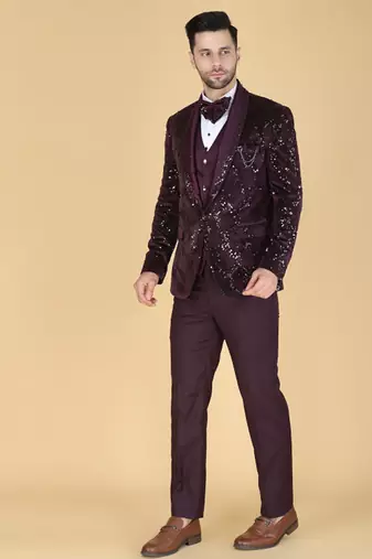 Purple 5 pc embroidered designer tuxedo suit for men