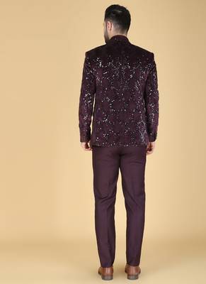 Purple 5 pc embroidered designer tuxedo suit for men 3