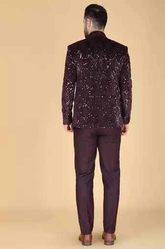 Purple 5 pc embroidered designer tuxedo suit for men