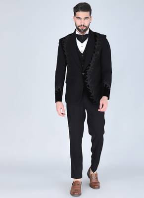 Black 5 pc embroidered designer tuxedo suit for men 1