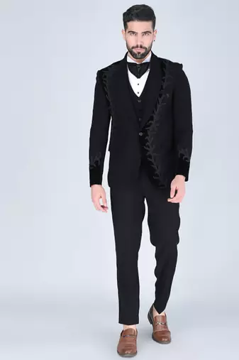 Black 5 pc embroidered designer tuxedo suit for men