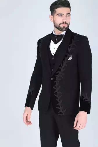 Black 5 pc embroidered designer tuxedo suit for men