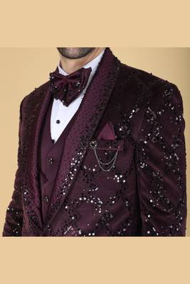 Purple 5 pc embroidered designer tuxedo suit for men 5