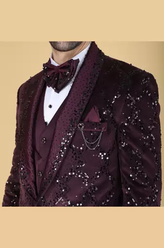 Purple 5 pc embroidered designer tuxedo suit for men