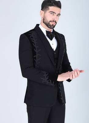 Black 5 pc embroidered designer tuxedo suit for men 3