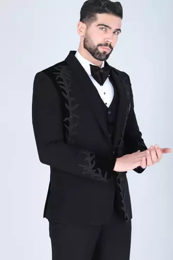 Black 5 pc embroidered designer tuxedo suit for men