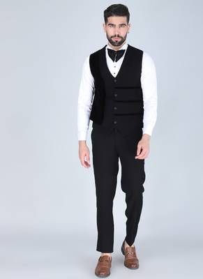 Black 5 pc embroidered designer tuxedo suit for men 4