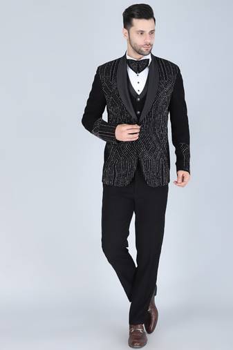 Black 5 pc embroidered designer tuxedo suit for men