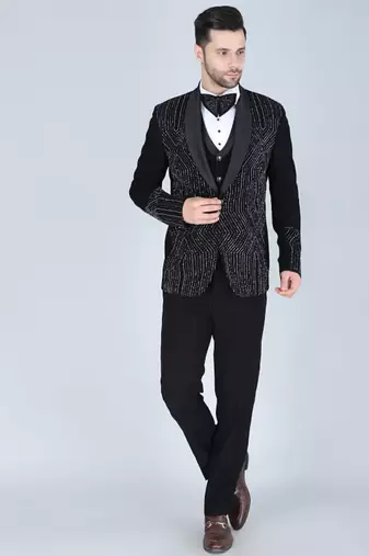 Black 5 pc embroidered designer tuxedo suit for men