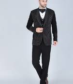 Black 5 pc embroidered designer tuxedo suit for men