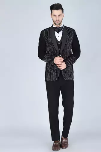 Black 5 pc embroidered designer tuxedo suit for men
