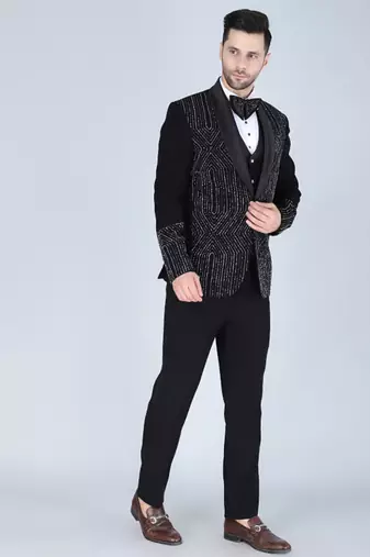 Black 5 pc embroidered designer tuxedo suit for men