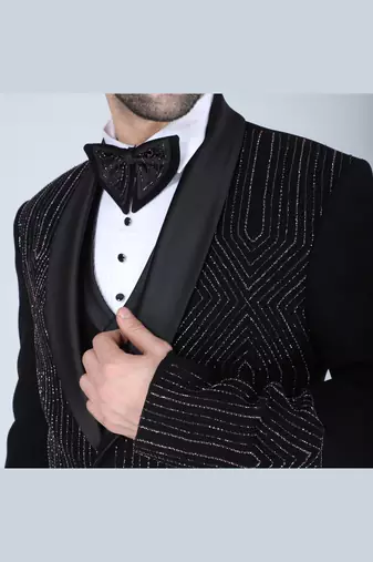 Black 5 pc embroidered designer tuxedo suit for men